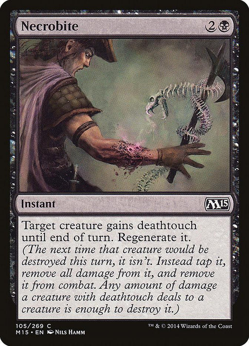 A Magic: The Gathering card titled "Necrobite [Magic 2015]." The illustration shows a sorcerer or warrior in a hat and cloak performing a spell over a glowing green skeletal snake. This instant card's text describes the spell giving a creature deathtouch and regeneration until the end of turn. The card is from the Magic: The Gathering set.