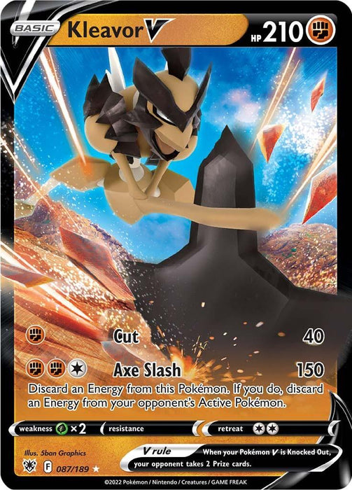 A Pokémon trading card featuring **Kleavor V (087/189) [Sword & Shield: Astral Radiance]** with 210 HP from the **Pokémon** set. This Ultra Rare card shows Kleavor, a rock-type Pokémon, surrounded by rocks and debris. It includes moves "Cut" with 40 damage and "Axe Slash" with 150 damage. The illustrator is Syan Graphics.