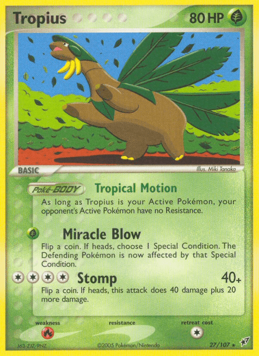 A Tropius (27/107) [EX: Deoxys] Pokémon card with 80 HP. It's a Basic Grass type with green borders. The card features Tropius, a large, green dinosaur-like creature with fruits hanging from its neck and leaf-like wings. It has three moves: Tropical Motion, Miracle Blow, and Stomp. From the EX: Deoxys set, it's numbered 27/107 and is considered Rare.