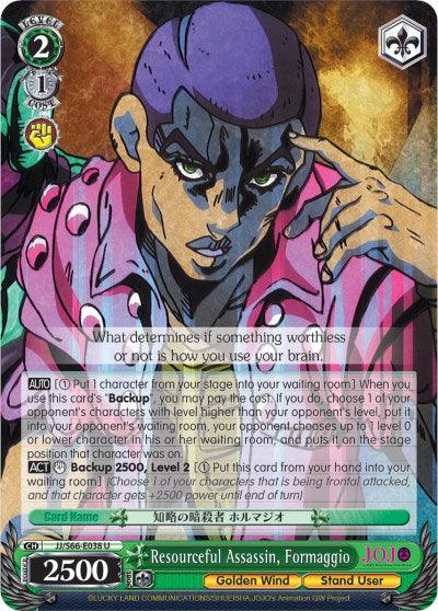A Japanese trading card from the game "JoJo's Bizarre Adventure: Golden Wind." The character card features an illustration of a stern-looking character in purple attire with a black cap, marked "Resourceful Assassin, Formaggio (JJ/S66-E038 U) [JoJo's Bizarre Adventure: Golden Wind]." It showcases gameplay stats, abilities, and the series' logo at the top right. This product is by Bushiroad.
