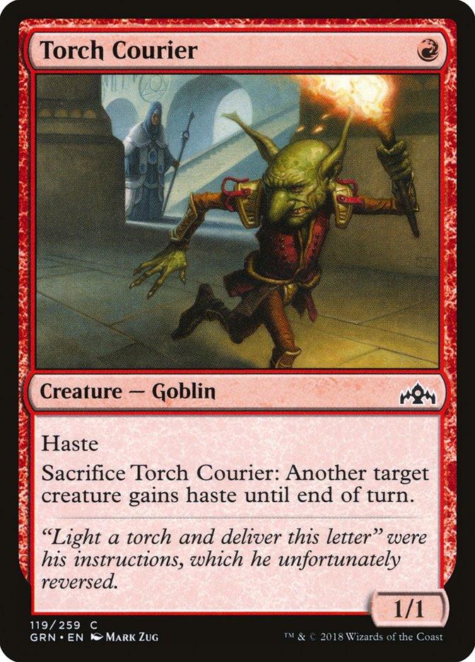 The Magic: The Gathering card "Torch Courier [Guilds of Ravnica]" showcases a goblin sprinting with a torch, framed by a red border. This 1/1 creature has Haste and can be sacrificed to bestow haste upon another creature until the end of turn. The artwork is created by Mark Zug.