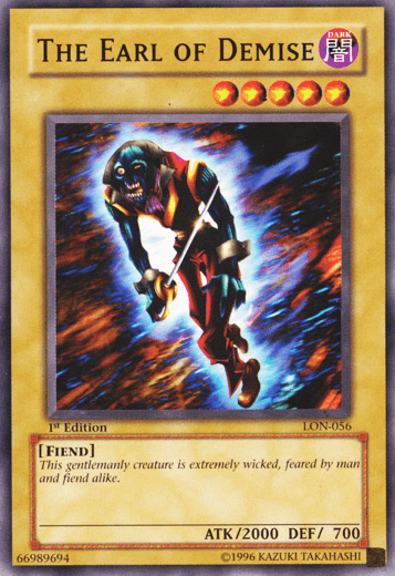 The image showcases a "Yu-Gi-Oh!" trading card titled "The Earl of Demise [LON-056] Common." This Normal Monster features a gallant, armored skeleton warrior wielding a sword against a fiery, chaotic background. The 1st Edition card from Labyrinth of Nightmare has 2000 attack points and 700 defense points, labeled as LON-056.