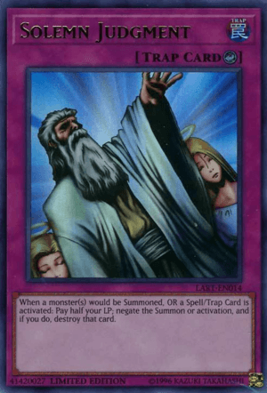 An image of the Yu-Gi-Oh! trading card "Solemn Judgment [LART-EN014] Ultra Rare" from The Lost Art Promotion. It features a bearded man in robes with an outstretched arm pointing downward, resembling a biblical figure. Praying figures are in the background. Text at the bottom details the card’s effect and instructions.
