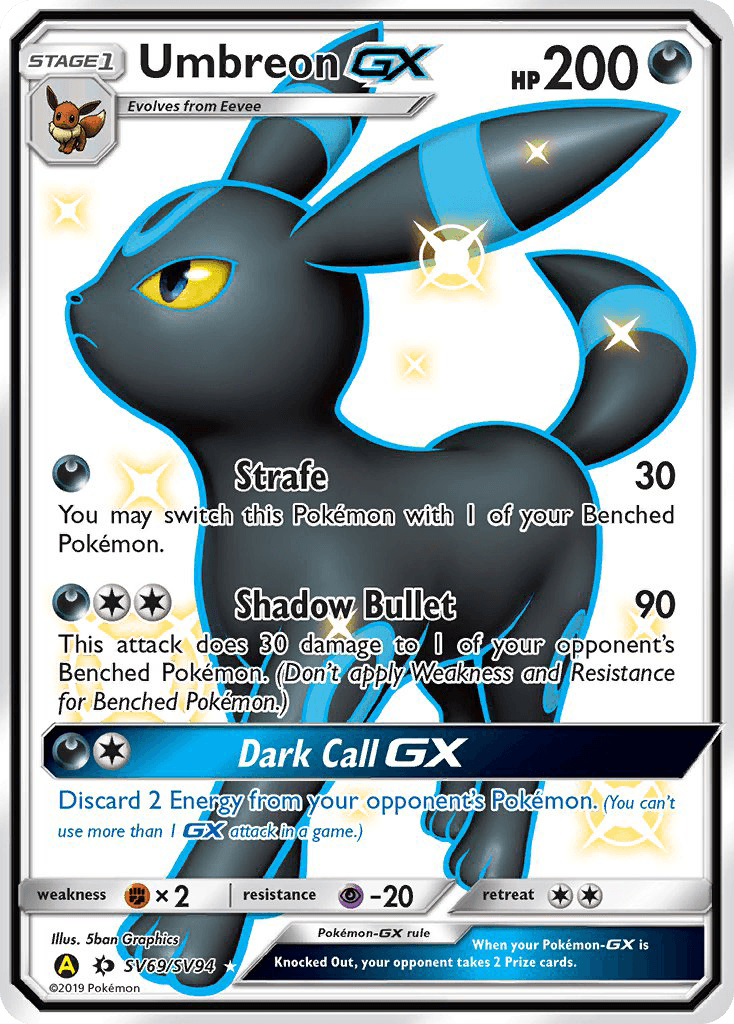 A close-up of the Umbreon GX (SV69/SV94) [Sun & Moon: Hidden Fates - Shiny Vault] Pokémon card from Pokémon. Umbreon, a black, fox-like Pokémon with glowing blue rings, is depicted in mid-stride. The card details include 200 HP and attacks: 