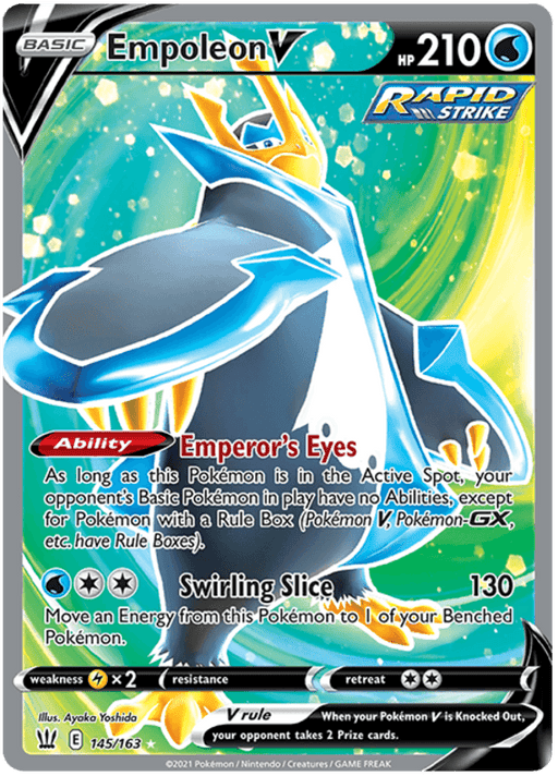 The image shows a Pokémon trading card for Empoleon V (145/163) [Sword & Shield: Battle Styles] with 210 HP from the Pokémon set. This Ultra Rare card features Empoleon, a large blue and white Water-type penguin-like Pokémon with a crown and sharp flippers. It has the abilities "Emperor's Eyes" and "Swirling Slice," marked as number 145 out of 163.