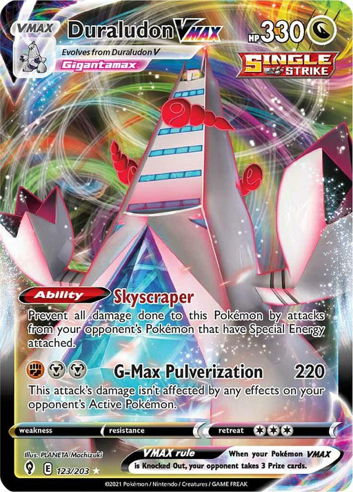 A Pokémon trading card for "Duraludon VMAX (123/203) [Sword & Shield: Evolving Skies]." The card shows Duraludon in its Gigantamax form, a towering building-like Dragon Pokémon. It has an HP of 330, labeled as "Single Strike." The Ultra Rare holographic card from the Evolving Skies set features the "Skyscraper" ability and "G-Max Pulverization" attack.