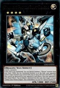 A trading card featuring a Starliege Photon Blast Dragon [LDS2-EN054] Ultra Rare. The dragon is black, white, and blue, with sharp claws and multiple wings. The top of the card displays the monster type (Xyz/Effect Monster), attributes, and rank, while the bottom shows its attack points (1800) and defense points (2500), along with descriptive text and card details. This card is part of the Yu-Gi-Oh! brand.