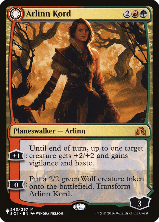 The image depicts the Magic: The Gathering card "Arlinn Kord // Arlinn, Embraced by the Moon [Secret Lair: From Cute to Brute]," a Legendary Planeswalker. It shows a woman with red hair, dressed in hunter attire, standing in a forest with mystical lighting. The card has text detailing her abilities and includes the mana cost and other relevant game statistics.