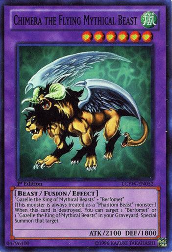A Yu-Gi-Oh! trading card titled "Chimera the Flying Mythical Beast [LCYW-EN052] Super Rare," featured in Legendary Collection 3, with an illustration of a lion-headed creature with dark, bat-like wings and a snake for a tail. This Super Rare Fusion/Effect Monster, marked as 1st Edition, boasts 2100 attack and 1800 defense within a purple border.