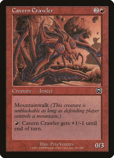 A Magic: The Gathering card titled "Cavern Crawler [Mercadian Masques]" depicts a red-background Creature — Insect with 0 power and 3 toughness. It boasts Mountainwalk, rendering it unblockable if the defending player controls a mountain, and has an ability that grants +1/+1 until end of turn.