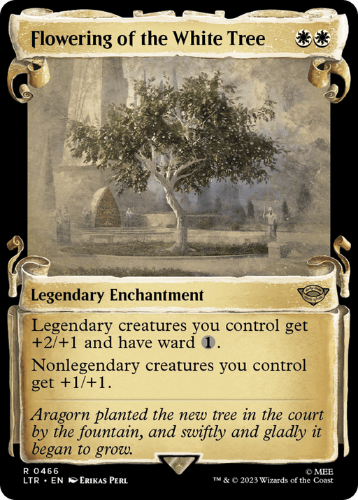 A "Flowering of the White Tree [The Lord of the Rings: Tales of Middle-Earth Showcase Scrolls]" card from Magic: The Gathering, featuring a Legendary Enchantment frame. The illustration depicts a white tree near a fountain in a courtyard, reminiscent of Middle-Earth. The card text grants +2/+1 and ward 1 to legendary creatures and +1/+1 to nonlegendary creatures.