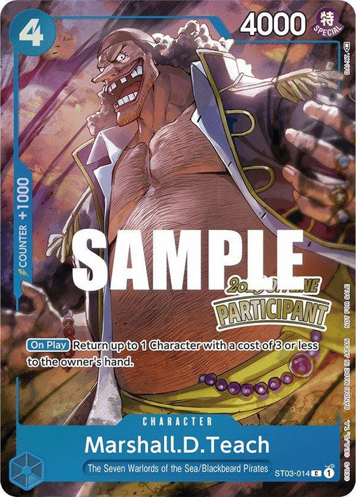 A trading card from the One Piece Promotion Cards series featuring Marshall D. Teach. The Marshall.D.Teach (Offline Regional 2023) [Participant] [One Piece Promotion Cards] by Bandai depicts Teach laughing menacingly, wearing his signature outfit. The promo card shows his stats with a cost of 4 and a power of 4000, along with his ability to return a character with a cost of 3 or less to the owner's hand.