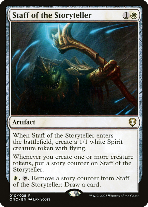 A Magic: The Gathering product titled **Staff of the Storyteller [Phyrexia: All Will Be One Commander]**. It costs 1 white mana and 1 generic mana. The image shows a green, lizard-like creature wielding a glowing staff. The card text details effects involving Spirit tokens and drawing cards, numbered 010/028 R, illustrated by Dan Scott.