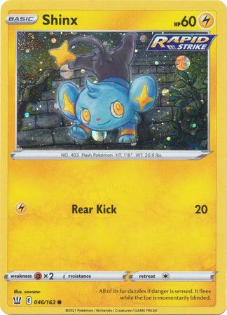 A Shinx (046/163) (Cosmos Holo) [Sword & Shield: Battle Styles] Pokémon card from the Battle Styles series features Shinx, a blue and yellow, cat-like Pokémon with large ears and a star on its tail. This card, number 46/163, shows Shinx using its "Rear Kick" move. The HT is 1'8", WT is 20.9 lbs. The card background depicts a stony, forested area.