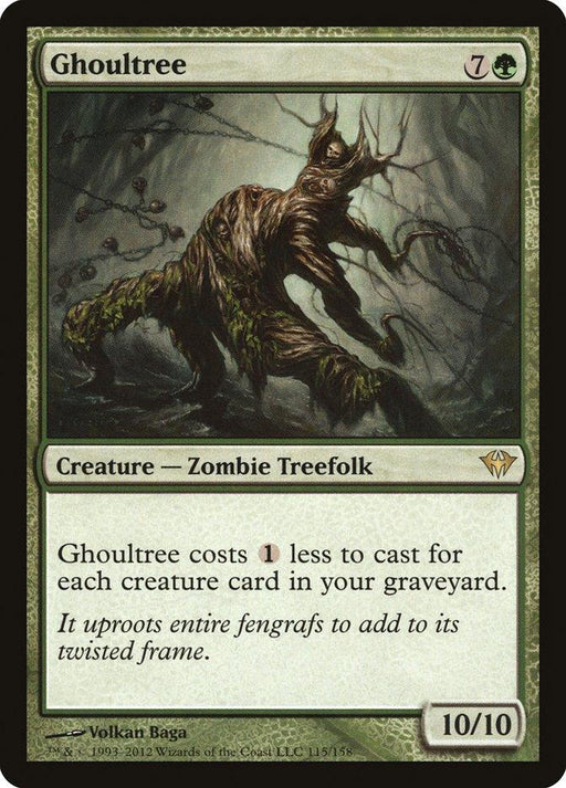The image is of the Magic: The Gathering product Ghoultree [Dark Ascension]. It depicts a dark, eerie Zombie Treefolk with the body of a tree and zombie-like features. The rare card's text states that it costs one mana less for each creature card in your graveyard. It's a 10/10 green creature.