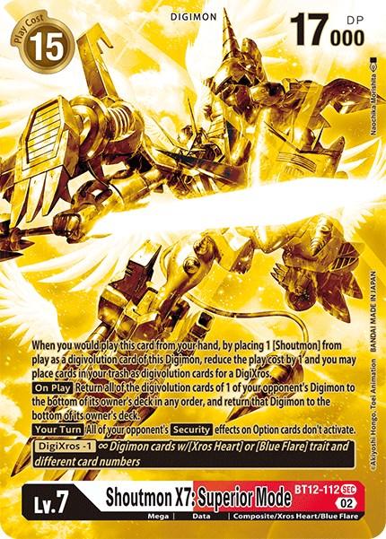 Image of a Digimon trading card featuring "Shoutmon X7: Superior Mode [BT12-112] (Alternate Art - Gold) [Across Time]," a Secret Rare. The card has a golden background with a large Digimon creature central to the artwork. It displays a play cost of 15, DP of 17000, is labeled "Lv. 7," and includes text about DigiXros gameplay mechanics and abilities. The card's ID is BT12-112.
