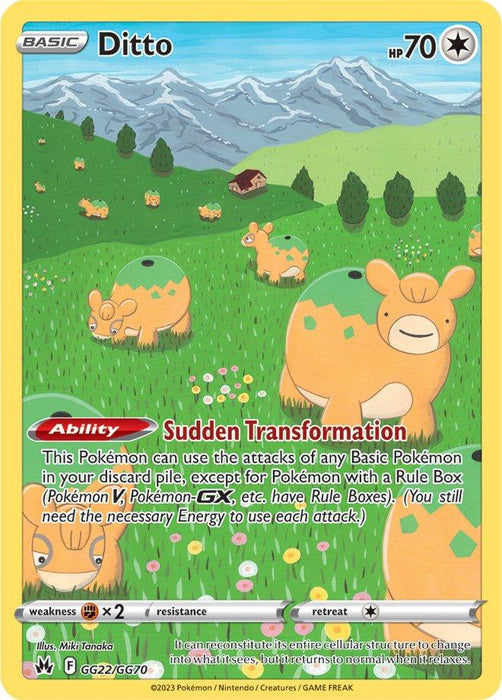 A Pokémon card from the Sword & Shield: Crown Zenith series features Ditto (GG22/GG70) [Sword & Shield: Crown Zenith] with an HP of 70. The artwork showcases multiple Numel in a grassy field, set against mountains and a blue sky. This Colorless card boasts the "Sudden Transformation" ability and displays various symbols, making it a Secret Rare gem.