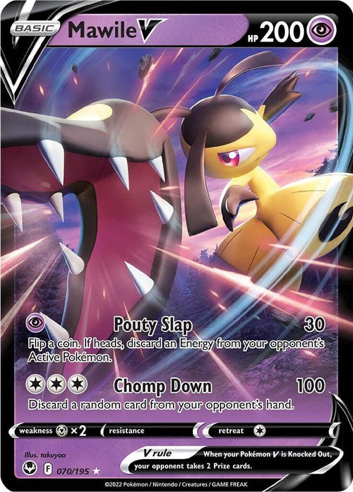 A Pokémon trading card from the Sword & Shield: Silver Tempest series features the Ultra Rare Mawile V (070/195) with 200 HP. The card's illustrations show Mawile with a large, toothy jaw open wide. It includes attacks Pouty Slap (30 damage) and Chomp Down (100 damage). The card number is 070/195 and includes discarding effects and V rule information.