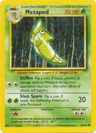 A Common Metapod (54/102) [Base Set Unlimited] Pokémon trading card from the Base Set Unlimited features an illustration of the green cocoon-like Grass Pokémon suspended by a string. The card, bordered in green, has 70 HP with moves including 