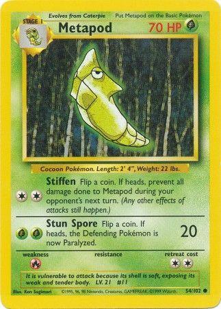 A Common Metapod (54/102) [Base Set Unlimited] Pokémon trading card from the Base Set Unlimited features an illustration of the green cocoon-like Grass Pokémon suspended by a string. The card, bordered in green, has 70 HP with moves including "Stiffen" and "Stun Spore." It lists its weight (22 lbs) and height (2' 4"), along with game-related text.