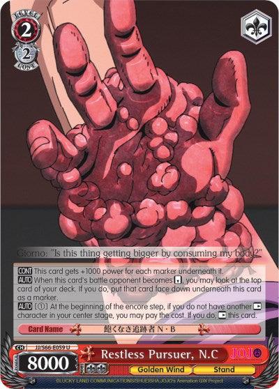 A trading card featuring the uncommon "Restless Pursuer, N.C (JJ/S66-E059 U) [JoJo's Bizarre Adventure: Golden Wind]" character from Bushiroad. The card displays a gory, red, muscular hand with growths protruding. It has 8000 power and 2 cost, with various game-specific text and abilities described at the bottom.