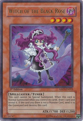 A Yu-Gi-Oh! trading card featuring the Ultra Rare "Witch of the Black Rose [ABPF-EN012]" from Absolute Powerforce. The character has long purple hair, dressed in black and purple with a white apron, holds a staff, and stands on a magical circle. This Tuner Monster boasts ATK/1700 and DEF/1200 with detailed abilities.
