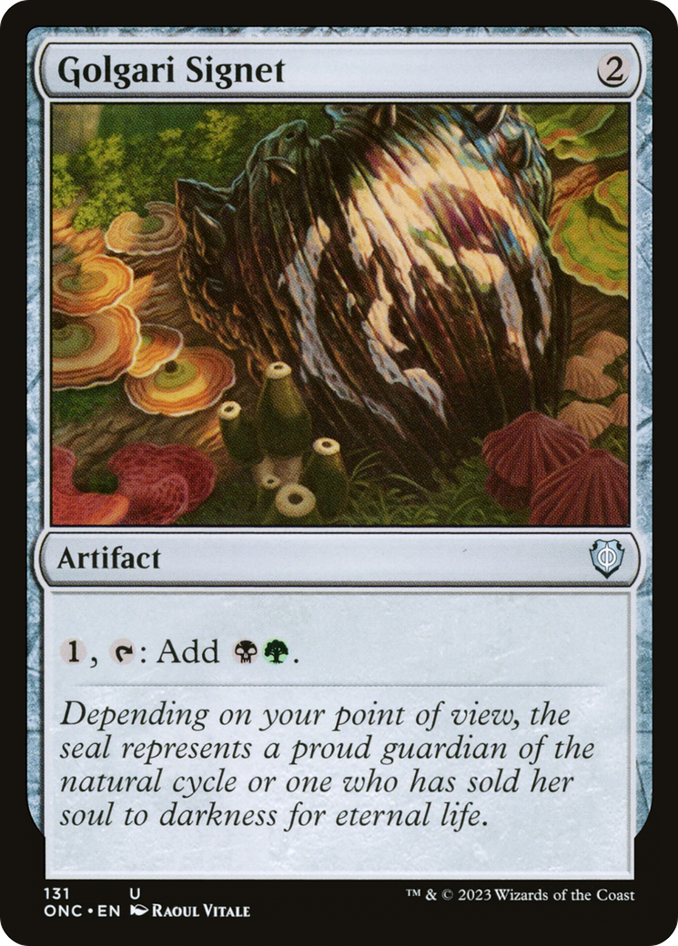 An image of the Magic: The Gathering card Golgari Signet [Phyrexia: All Will Be One Commander]. It is an artifact card with a casting cost of 2 colorless mana, requiring 1 mana and tapping to add black and green to your mana pool. The illustration depicts a dark signet surrounded by mushrooms and moss.