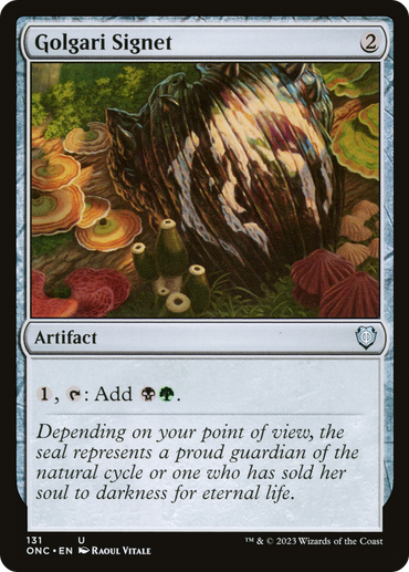 An image of the Magic: The Gathering card Golgari Signet [Phyrexia: All Will Be One Commander]. It is an artifact card with a casting cost of 2 colorless mana, requiring 1 mana and tapping to add black and green to your mana pool. The illustration depicts a dark signet surrounded by mushrooms and moss.