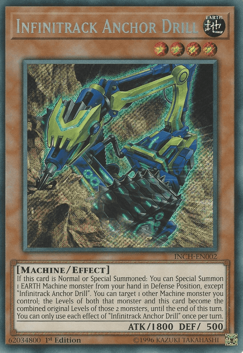 A Yu-Gi-Oh! trading card depicting the Secret Rare Effect Monster, "Infinitrack Anchor Drill [INCH-EN002] Secret Rare". The machine-themed monster features a large blue and yellow drill with claw-like appendages. The card background shows a mechanical environment. It has ATK/1800 and DEF/500, marked as 1st Edition with the code INCH-EN002.