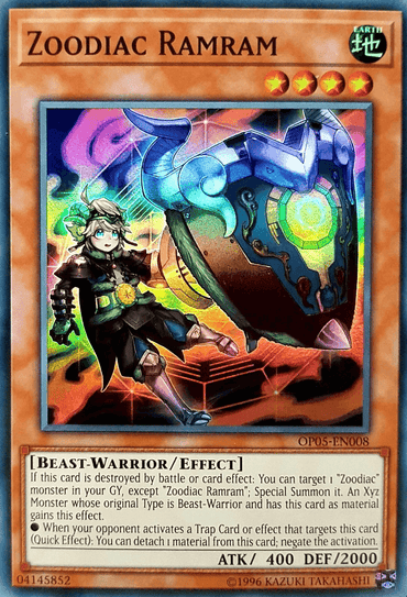 A "Yu-Gi-Oh!" product named "Zoodiac Ramram [OP05-EN008] Super Rare," an Effect Monster from the OTS Tournament Pack 5, features a character with green hair and a dark outfit standing next to a mechanized ram with glowing green elements. This Earth attribute, Beast-Warrior has 400 ATK and 2000 DEF.