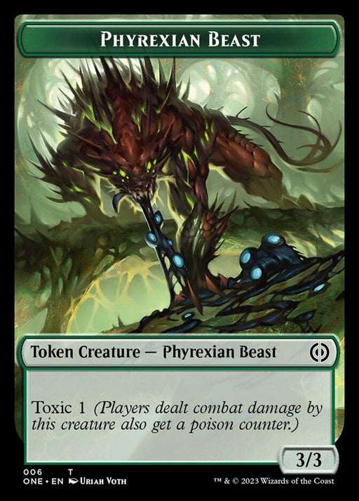 A Magic: The Gathering card titled "Phyrexian Mite (011) // Phyrexian Beast Double-Sided Token [Phyrexia: All Will Be One Tokens]" depicts a menacing, spiky creature with a dark green and brown exoskeleton. Text below reads, "Token Creature — Phyrexian Beast." From the set Phyrexia: All Will Be One, it has the "Toxic 1" ability and 3/3 power/toughness. The artist