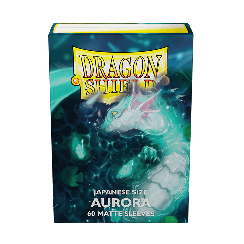 Image shows a box of Arcane Tinmen's Dragon Shield: Japanese Size 60ct Sleeves - Aurora (Matte). The box features vibrant, mystical artwork with a white dragon emerging from teal, glowing waves. "DRAGON SHIELD" is displayed at the top and "JAPANESE SIZE AURORA 60 MATTE SLEEVES" at the bottom.