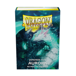 Image shows a box of Arcane Tinmen's Dragon Shield: Japanese Size 60ct Sleeves - Aurora (Matte). The box features vibrant, mystical artwork with a white dragon emerging from teal, glowing waves. "DRAGON SHIELD" is displayed at the top and "JAPANESE SIZE AURORA 60 MATTE SLEEVES" at the bottom.