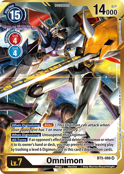 A Digimon trading card featuring Omnimon [BT5-086] (Alternate Art - Tomotake Kinoshita) [Battle of Omni], a futuristic armored warrior with a sword and shield. The card showcases stats: Level 7, Play Cost 15, Digivolve Cost from both Level 6 (4), and 14000 DP. Special abilities include "Blitz" and "Unsuspend." Part of the Battle of Omni series. Card code: BT5-