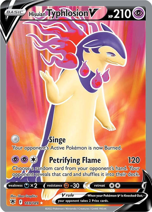 A Hisuian Typhlosion V (169/189) [Sword & Shield: Astral Radiance] from Pokémon. The Ultra Rare card has 210 HP and showcases Typhlosion with flames and ghostly wisps around it. The moves listed are "Singe" and "Petrifying Flame". Numbered 169/189, it displays fire and psychic powers prominently.
