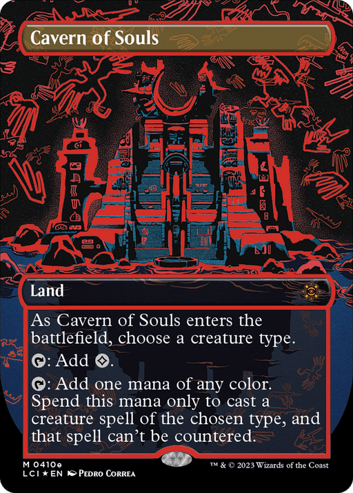 A Magic: The Gathering card titled "Cavern of Souls (0410e) (Borderless) [The Lost Caverns of Ixalan]" showcases an ancient cavern with glowing blue and red highlights. Its text box details abilities like choosing a creature type upon entry, adding colorless mana, and providing one mana of any color that can't be countered for casting the chosen type.