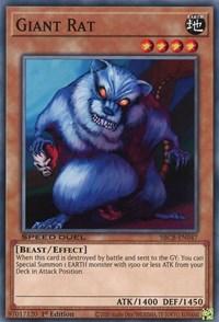 A "Yu-Gi-Oh!" trading card from the Battle City Box featuring the Effect Monster "Giant Rat [SBCB-EN047] Common." The card depicts an intimidating, blue-furred, bipedal rat with glowing red eyes and sharp claws. It boasts an attack stat of 1400 and a defense stat of 1450, with special summoning abilities upon destruction.