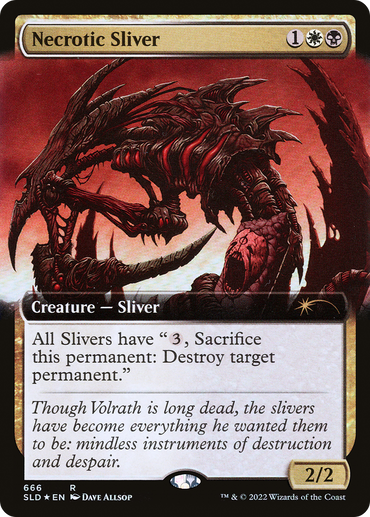 The image showcases a "Necrotic Sliver (Extended Art)" card from the Secret Lair Drop Promos of Magic: The Gathering. It depicts a rare, monstrous creature with sharp claws and a segmented, armored body set against a red, ominous background. The card text describes its power to destroy permanents and includes lore about its origins.