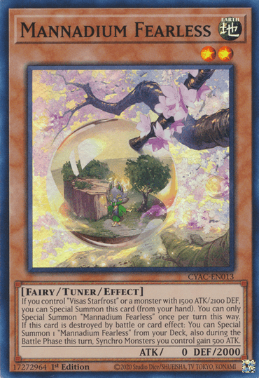 The Yu-Gi-Oh! trading card titled "Mannadium Fearless [CYAC-EN013] Super Rare" features an illustration of a fairy character within a glowing orb nestled among tree branches in a magical forest. This Tuner/Effect Monster boasts special summoning effects and has 0 ATK and 2000 DEF.