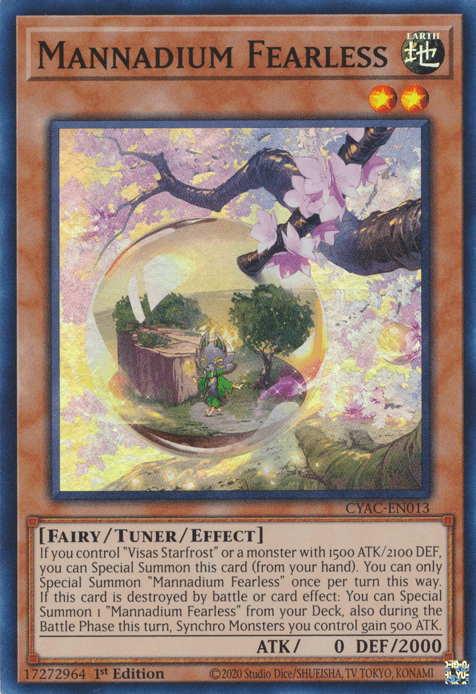 The Yu-Gi-Oh! trading card titled "Mannadium Fearless [CYAC-EN013] Super Rare" features an illustration of a fairy character within a glowing orb nestled among tree branches in a magical forest. This Tuner/Effect Monster boasts special summoning effects and has 0 ATK and 2000 DEF.