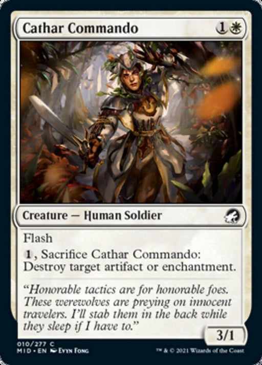 The image is of a Magic: The Gathering card named "Cathar Commando [Innistrad: Midnight Hunt]" from the Magic: The Gathering brand. It depicts a Creature — Human Soldier holding a sword and shield, dressed in armor. The card has a casting cost of 1W, power 3, and toughness 1, featuring Flash and "1, Sacrifice Cathar Commando: Destroy target artifact.