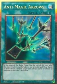 Yu-Gi-Oh! card titled “Anti-Magic Arrows [MAGO-EN043] Gold Rare,” a Quick-Play Spell. Features multiple glowing arrows flying across a blue and yellow background. The card is turquoise with an image of arrows targeting a spellbook. Text at the bottom describes its effects, preventing activation of Spell/Trap cards during the Battle Phase.