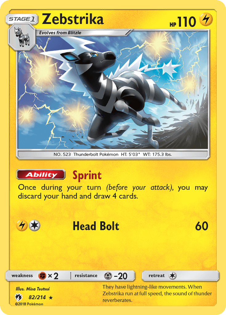 A rare Pokémon trading card for Zebstrika (82/214) [Sun & Moon: Lost Thunder] from Pokémon. Depicted as a black and white zebra-like creature with lightning sparks in the background, the card shows 