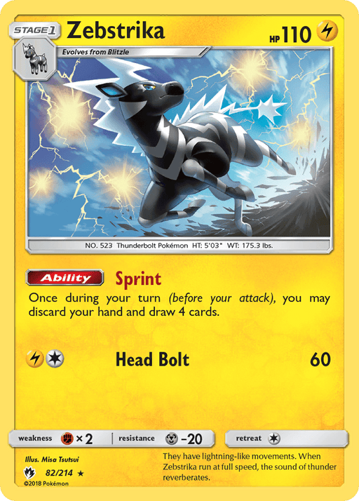 A rare Pokémon trading card for Zebstrika (82/214) [Sun & Moon: Lost Thunder] from Pokémon. Depicted as a black and white zebra-like creature with lightning sparks in the background, the card shows "Stage 1" at the top, indicating Zebstrika evolves from Blitzle. It has 110 HP, an ability named "Sprint," and an attack called "Head Bolt.