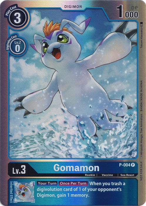 The Digimon promotional card, Gomamon [P-004] (Rainbow Foil), features a white seal-like creature with orange-tipped flippers, a purple mane, and a unicorn-like horn. Displaying its level (Lv. 3), Digivolution cost (Lv. 2), DP (1000), and abilities, the card captures Gomamon riding a wave against an ocean backdrop.