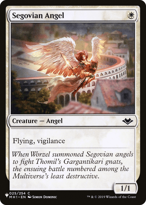 A fantasy trading card depicts a winged, armored angel flying above an ancient, coliseum-like structure. The angel wields a glowing sword and carries a shield. The card's text reads: "Segovian Angel [The List]. Flying, vigilance." The background text describes an epic battle against Gargantikari gnats. This is part of the Magic: The Gathering collection.