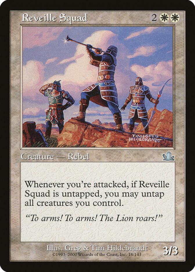 The "Reveille Squad [Prophecy]" card from Magic: The Gathering shows three Human Rebels brandishing swords on a hill against a vivid sky. This Creature's ability untaps allies when attacked. The flavor text declares: "To arms! To arms! The Lion roars!.