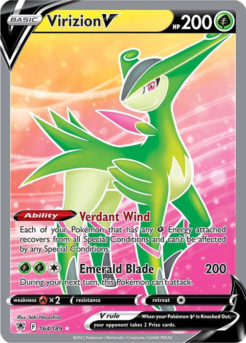 A Pokémon trading card of Virizion V (164/189) [Sword & Shield: Astral Radiance] from Pokémon. Virizion is an elegant, green, deer-like Pokémon with red horns and highlights. This Ultra Rare card features HP 200, the abilities "Verdant Wind" and "Emerald Blade," a retreat cost of two, and includes details like its weakness and illustrator, Saki Hayashiro.
