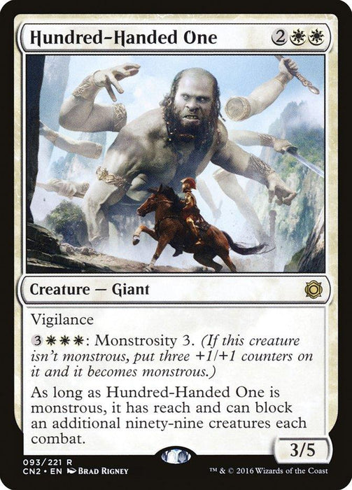 A Magic: The Gathering card titled "Hundred-Handed One [Conspiracy: Take the Crown]" features a Creature — Giant with multiple arms, riding a horse, and wielding weapons. The card has a white border and an ornate title bar. Its cost is 2 white and 2 colorless mana, with power/toughness of 3/5 and abilities indicated in the text.