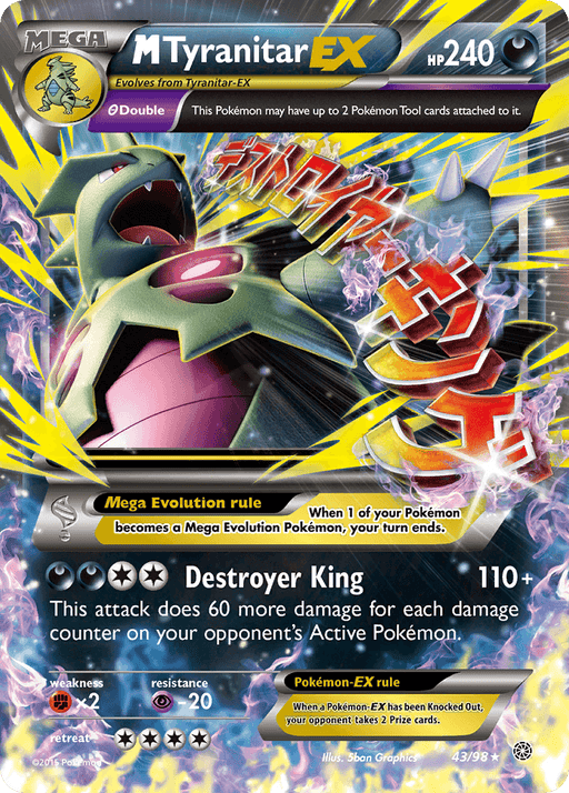 A Pokémon trading card of M Tyranitar EX (43/98) [XY: Ancient Origins] with 240 HP from the Ancient Origins set. The card features a powerful, armored creature with green and black armor, skeletal wings, and an open, roaring mouth. This Ultra Rare card has the “Destroyer King” attack and a Mega Evolution rule. Weakness to fighting, resistance to psychic, and retreat cost of four.

Brand Name: Pokémon